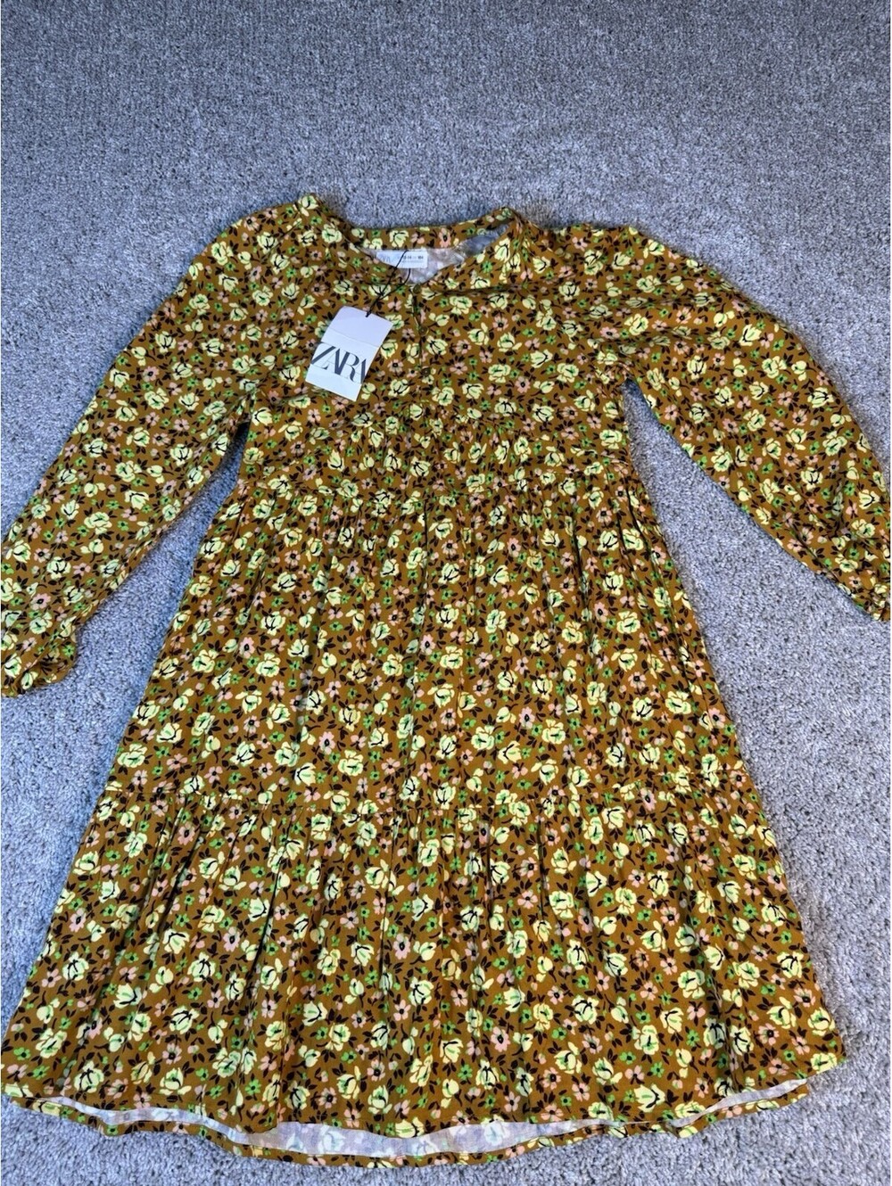 Zara Floral Button Up Skater Dress Girls Size 13/14 Tan Green Princess Sleeve